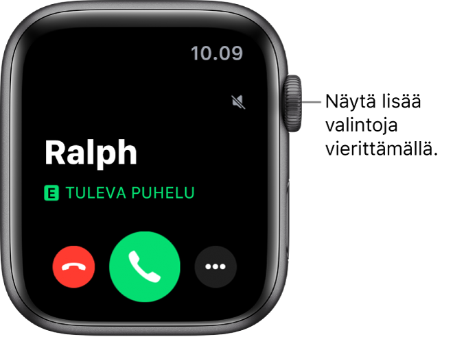 Apple Watch -näyttö silloin, kun vastaanotat puhelun: soittajan nimi, sanat ”Tuleva puhelu”, punainen hylkäyspainike, vihreä Vastaa-painike ja Lisävalinnat-painike.