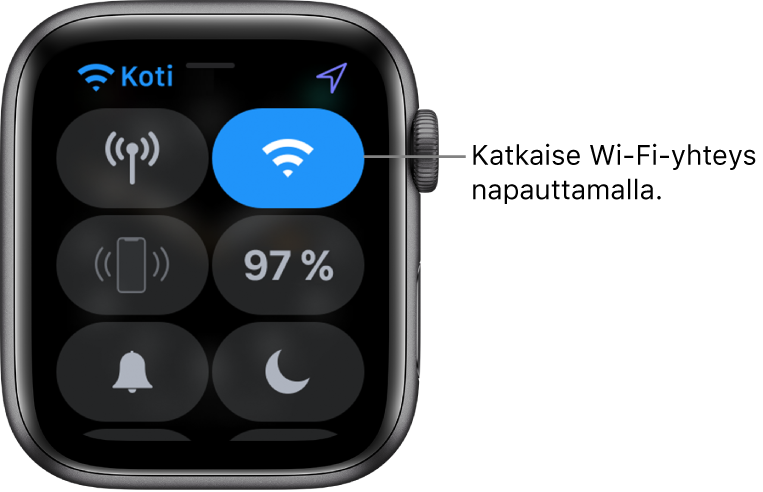 Apple Watch (GPS + Cellular) ‑mallin Ohjauskeskus, jossa on Wi-Fi-painike ylhäällä oikealla. Kuvatekstissä lukee: ”Katkaise Wi-Fi-yhteys napauttamalla.”