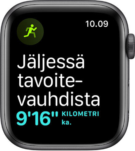 Treeni-näyttö, joka kertoo että olet jäljessä tavoitenopeudestasi.