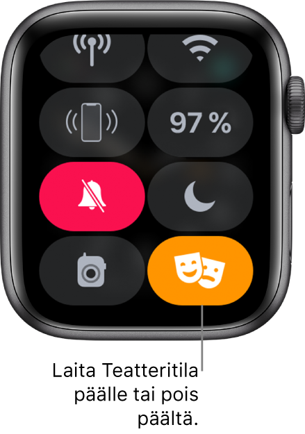 Ohjauskeskus, jossa on korostettuna Teatteritila- ja Hiljainen tila -painikkeet, jotka osoittavat, että teatteritila on päällä.