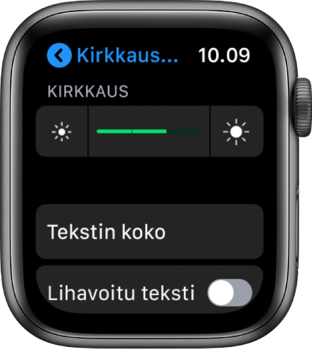 Kirkkausasetukset Apple Watchissa: ylhäällä Kirkkaus-liukusäädin, sen alapuolella Tekstin koko -painike ja alla Lihavoitu teksti -säädin.