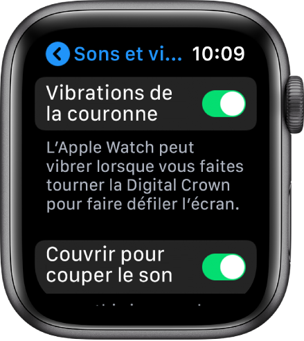 L’écran Vibrations de la couronne qui affiche le commutateur Vibrations de la couronne activé.