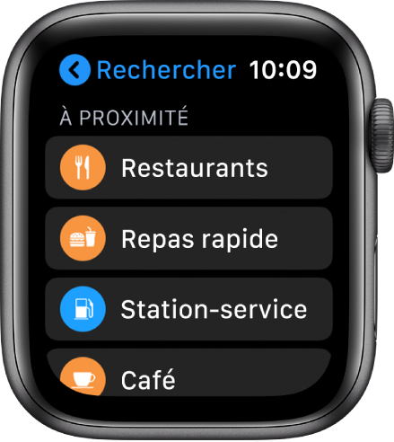 L’app Plans qui affiche une liste de catégorie : Restaurants, Restauration rapide, Stations-service, Café, etc.