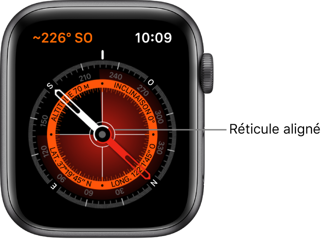La boussole sur le cadran de l’Apple Watch. L’azimut se trouve en haut à gauche. Le cercle intérieur affiche l’altitude, l’inclinaison, la latitude et la longitude. Des réticules blancs pointant vers le nord, le sud, l’est et l’ouest s’affichent.