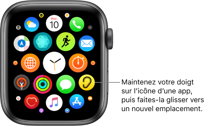 L’écran de l’Apple Watch en présentation en grille. L’Apple Watch vous invite à toucher une app de façon prolongée et à la faire glisser vers un nouvel emplacement.