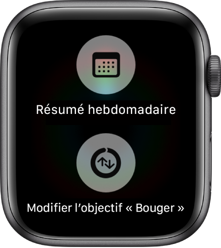 L’écran de l’app Activité qui affiche les boutons Résumé hebdomadaire et Modifier l’objectif « Bouger ».