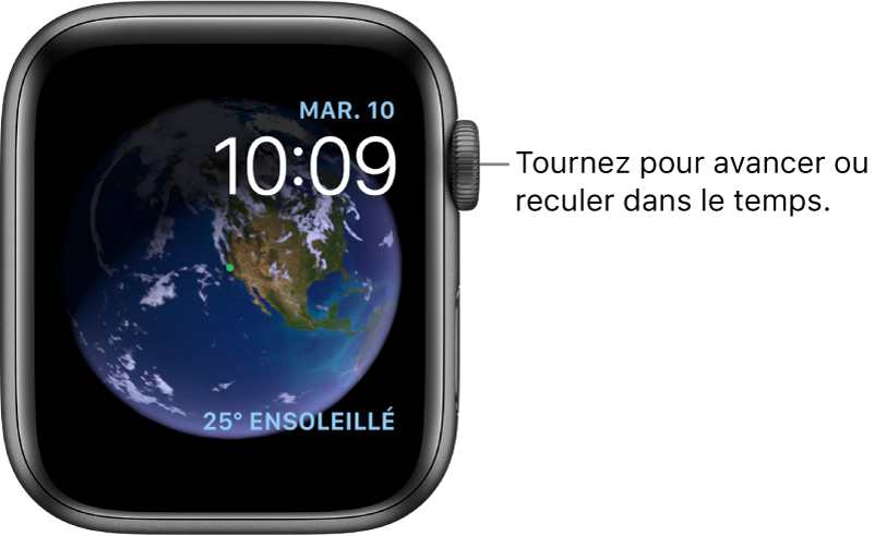 Cadran Astronomie, qui montre le jour, la date et l’heure. Une complication Météo se trouve en bas à droite. Tournez la couronne Digital Crown pour avancer ou reculer dans le temps.