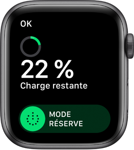 L’écran du mode Réserve qui affiche un bouton OK en haut à gauche, le pourcentage de batterie disponible et le curseur Mode Réserve.