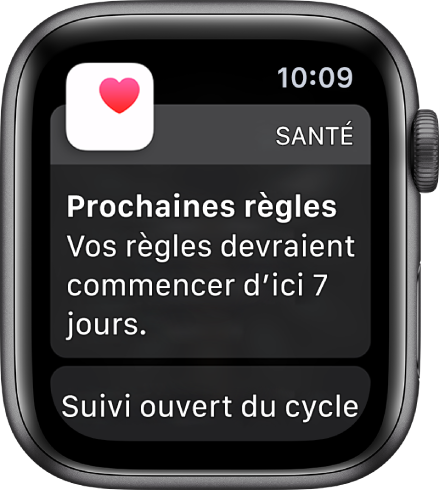 L’Apple Watch qui affiche un écran de prédiction du cycle indiquant « Prochaines règles. Vos règles devraient commencer d’ici 7 jours. » Un bouton « Ouvrir Suivi du cycle » en bas.