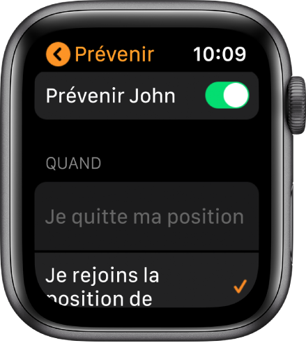 L’écran Prévenir dans l’app Localiser. La fonction est activée et l’option « Quand j’arrive à la position de Gilles » est sélectionnée.