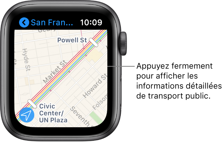L’app Plans qui affiche les informations sur les transports en commun, y compris les noms de ligne et d’arrêt.