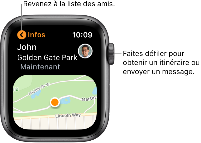 Un écran qui affiche les informations relatives à la position d’un ami, y compris la distance qui vous sépare et son emplacement sur un plan.
