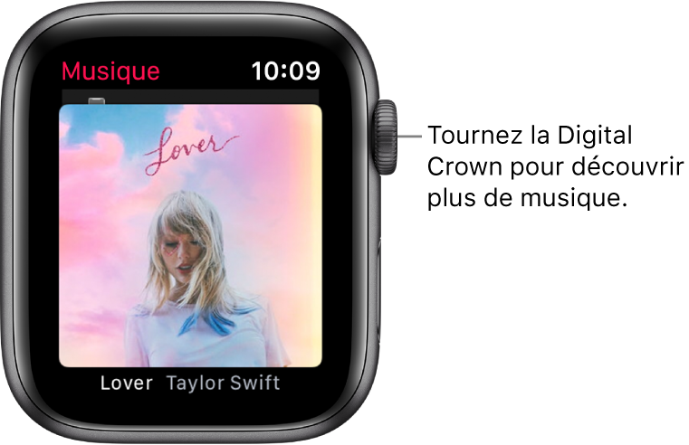 Un écran qui affiche un album et son illustration dans l’app Musique.