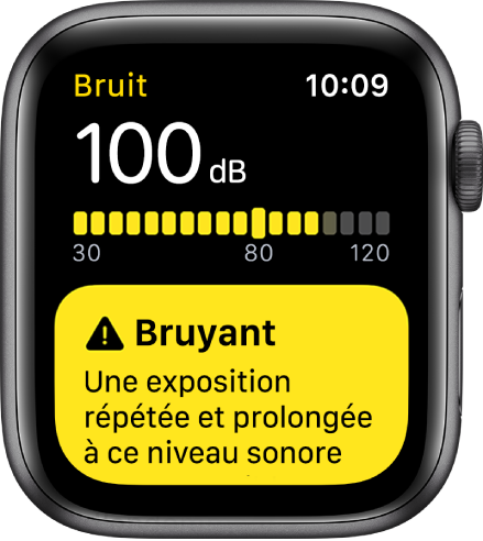 L’app Bruit qui affiche une lecture de 100 dB. Un avertissement au sujet de l’exposition prolongée à ce niveau sonore s’affiche en dessous.