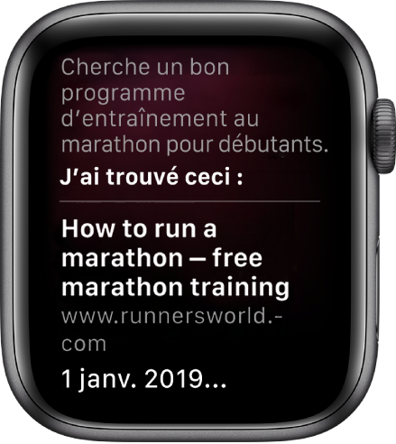 Siri qui répond à la question « Quel est un bon plan d’entraînement de marathon pour débutants? » par une réponse du Web.