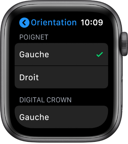 L’écran Orientation sur l’Apple Watch. Vous pouvez définir vos préférences relatives au poignet et à la couronne Digital Crown.