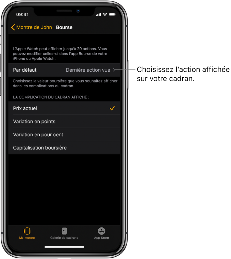 L’écran des réglages de Bourse dans l’app Watch de l’iPhone qui affiche l’option « Action par défaut » réglée sur « Dernière action vue ».