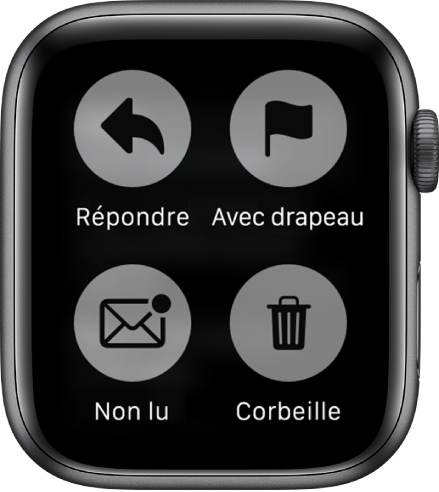 Lorsque vous appuyez sur l’écran tout en consultant un message sur l’Apple Watch, quatre boutons s’affichent à l’écran : Répondre, Drapeau, Non lu et Corbeille.