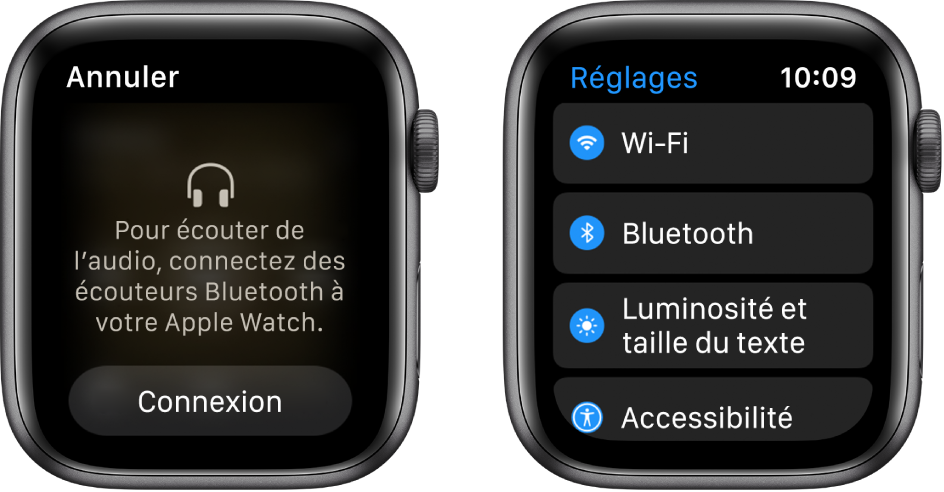Si vous faites passer la source du contenu audio à votre Apple Watch avant de jumeler les haut-parleurs ou les écouteurs Bluetooth, un bouton Connexion s’affiche en bas de l’écran. Il ouvre les réglages Bluetooth de votre Apple Watch, où vous pouvez ajouter un appareil d’écoute.