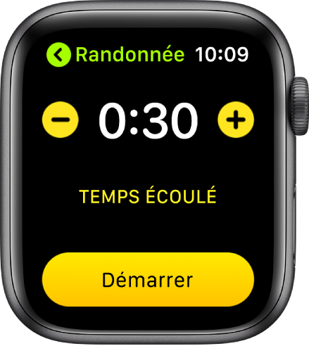 L’écran des objectifs qui affiche le temps vers le haut de l’écran, les boutons – et + sur les côtés, et le bouton Démarrer en bas.