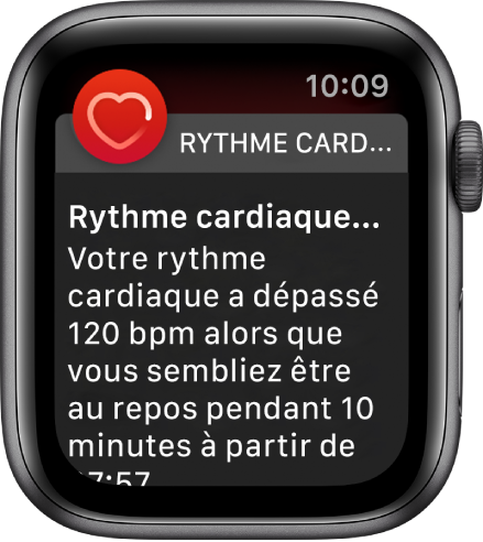 L’écran Rythme cardiaque élevé qui affiche une notification indiquant que votre rythme cardiaque a dépassé 120 bpm alors que vous étiez inactif pendant 10 minutes.