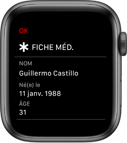 L’écran Fiche médicale qui affiche le nom, la date de naissance et l’âge de l’utilisateur.