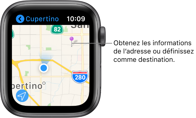 L’app Plans affiche un repère violet sur le plan qui permet d’obtenir l’adresse approximative d’un point sur la carte ou d’indiquer la destination d’un itinéraire.