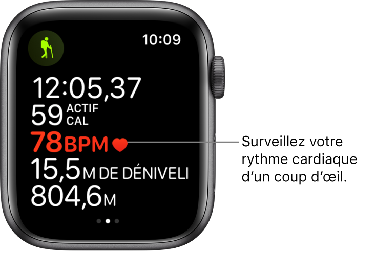 Un écran qui affiche les statistiques de l’entraînement, y compris le temps écoulé et le rythme cardiaque. L’Apple Watch vous invite à contrôler votre rythme cardiaque d’un coup d’œil.