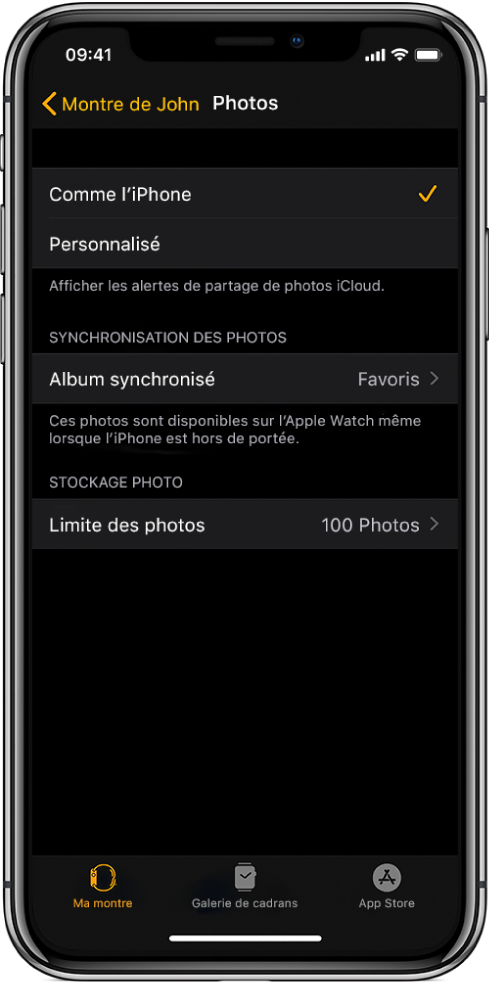 Réglages de Photos dans l’app Watch de l’iPhone avec le réglage Album synchronisé au milieu et le réglage Limite des photos en dessous.