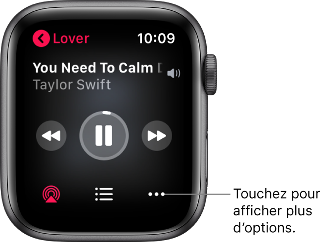 L’écran À l’écoute dans l’app Musique. Le nom de l’album se trouve en haut à gauche. Le titre de la chanson et le nom de l’artiste s’affichent en haut, les commandes de lecture au centre, et les boutons AirPlay, Liste des pistes et Options en bas.