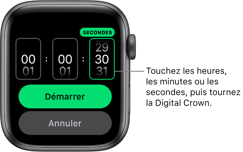 Réglages d’un minuteur personnalisé, avec les heures à gauche, les minutes au milieu et les secondes à droite. Le bouton Démarrer se trouve en dessous.