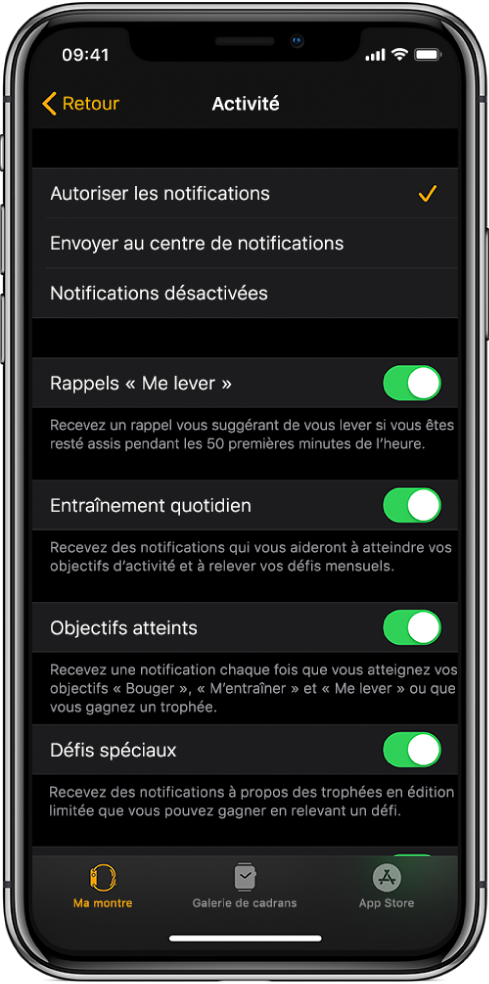 L’écran Activité de l’app Watch à partir duquel vous pouvez personnaliser les notifications que vous souhaitez recevoir.