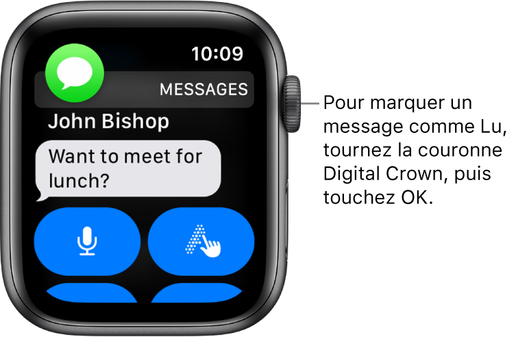 Une notification de message qui affiche l’icône de Messages en haut à gauche de l’écran et le message en dessous.