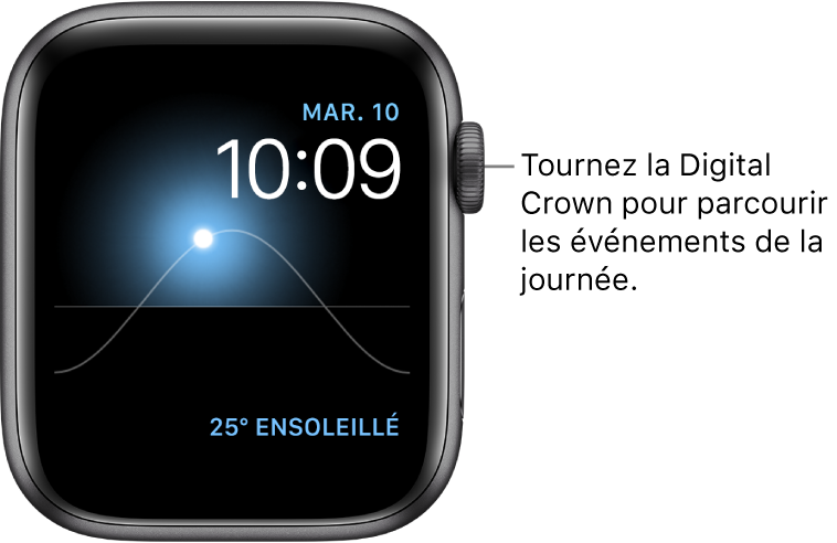 Cadran Solaire, qui montre le jour, la date et l’heure, et qui ne peut pas être modifié. Une complication Météo s’affiche en bas à droite. Faites tourner la couronne Digital Crown pour voir le crépuscule, l’aube, le soleil à son zénith ou se coucher, puis la nuit.