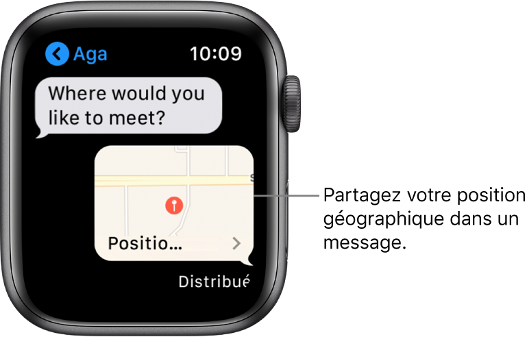 L’écran de Messages qui affiche un plan de la position géographique de l’expéditeur.