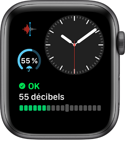 Le cadran Modulaire qui affiche une horloge analogique près du coin supérieur droit, une complication Dictaphone en haut à gauche, Météo au centre à gauche et Bruit en bas.