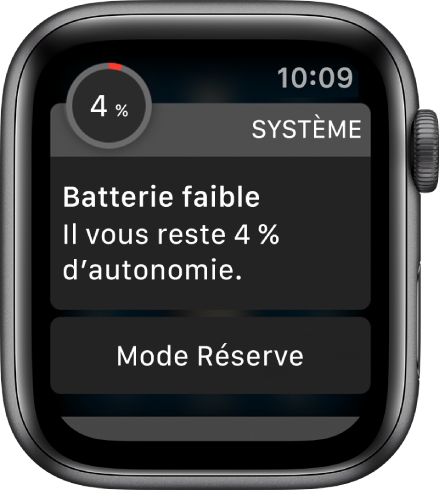 L’alerte de batterie faible inclut un bouton qui vous permet d’activer le mode Réserve.