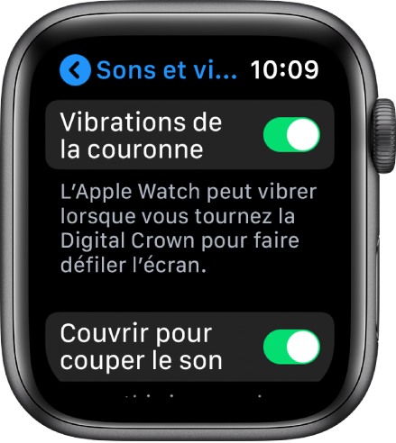 L’écran Vibrations de la couronne, avec le bouton Vibrations de la couronne en position « activé ».