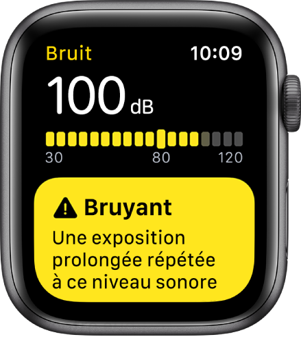 App Bruit affichant une mesure de 100 dB. Un avertissement au sujet d’une exposition à long terme à ce son s’affiche en dessous.