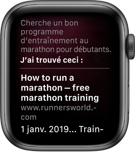 Siri qui répond à la question « Quel est un bon programme d’entraînement pour des débutants cherchant à courir un marathon ? » avec une réponse trouvée sur le Web.