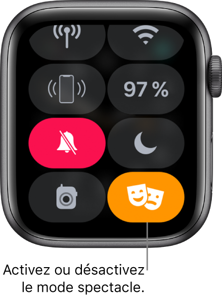 Le Centre de contrôle avec les boutons du mode Spectacle et du mode Silence en surbrillance pour indiquer que le mode Spectacle est activé.