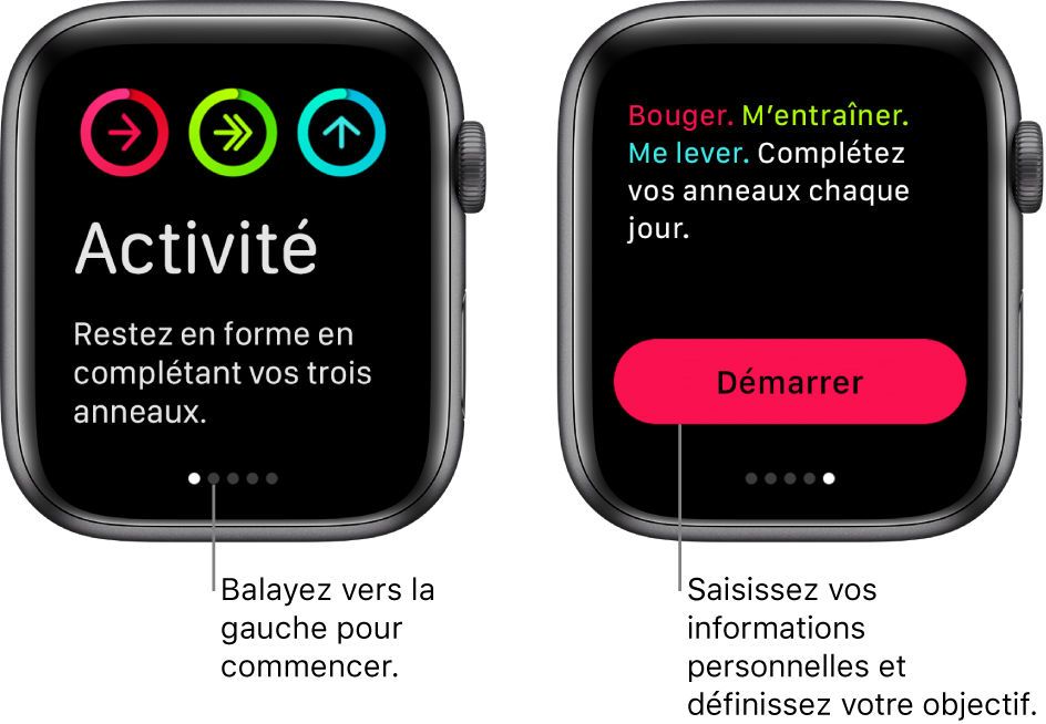 Deux écrans : L’un montre le premier écran de l’app Activité, l’autre montre le bouton Démarrer.