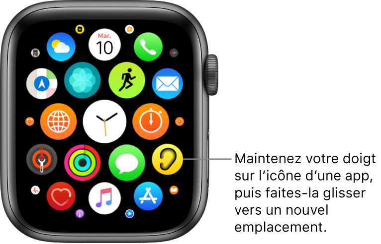 Écran d’accueil en présentation en grille sur l’Apple Watch. La légende indique « Maintenez votre doigt sur l’icône d’une app, puis faites-la glisser vers un nouvel emplacement ».