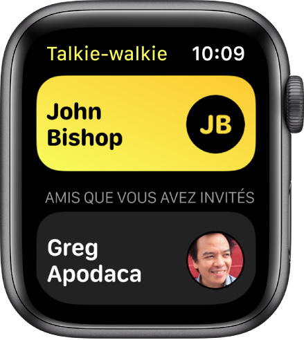 L’écran Talkie-walkie affichant un contact en haut de l’écran et un ami que vous avez invité en bas.