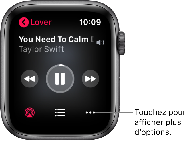 L’écran « À l’écoute » dans l’app Musique. Le nom de l’album se trouve en haut à gauche. Le titre du morceau et l’artiste se trouvent en haut et les commandes de lecture figurent au milieu. Le bouton AirPlay, le bouton Options et la liste des pistes se trouvent en bas de l’écran.