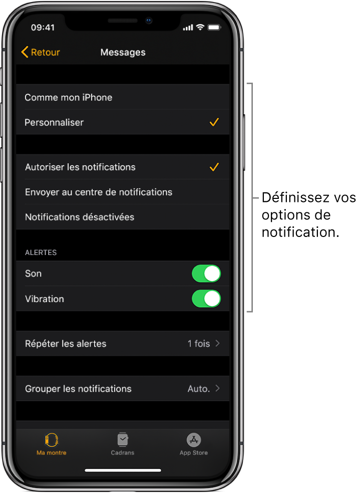 Réglages Messages dans l’app Apple Watch sur l’iPhone. Vous pouvez choisir d’afficher ou non les alertes, activer le son et les vibrations, et répéter les alertes.