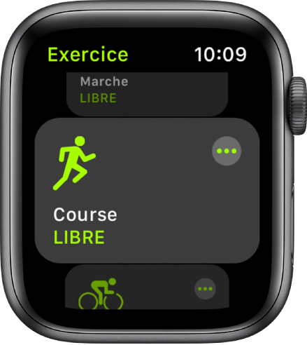 L’écran Exercice avec l’exercice Course en extérieur mis en évidence.