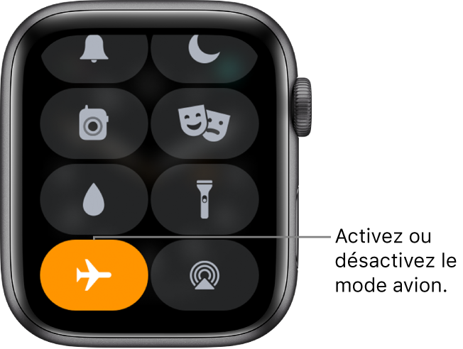 Le Centre de contrôle avec le bouton du mode Avion en surbrillance pour indiquer que le mode est activé.