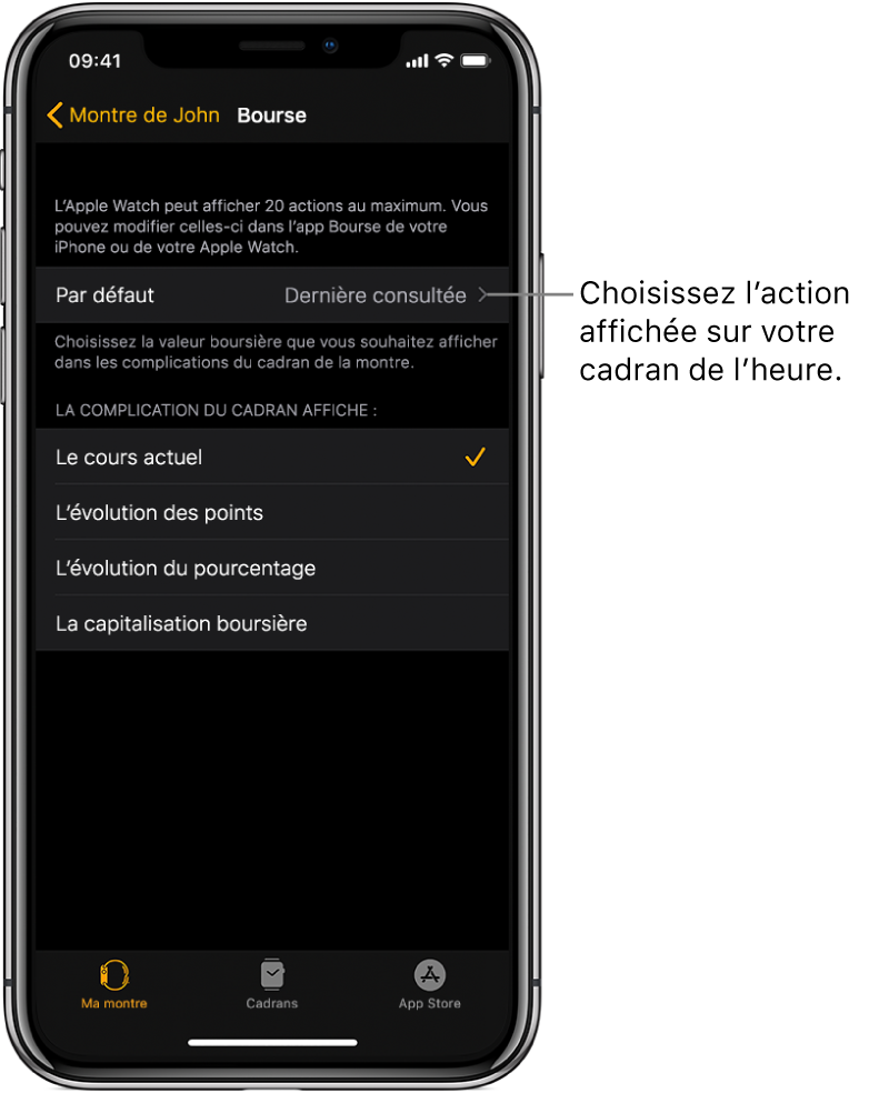 Écran de réglage Bourse de l’app Apple Watch sur un iPhone proposant de choisir l’action par défaut, définie sur la dernière action consultée.