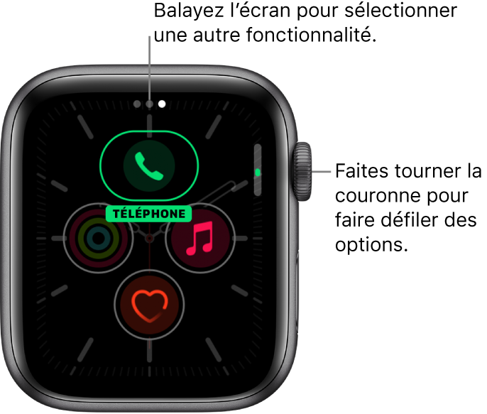 L’écran personnalisé pour le cadran Méridien avec une complication de téléphone mise en évidence. Faites tourner la Digital Crown pour modifier les options.